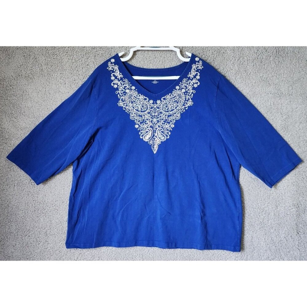 Liz & Me For Catherine’s Women's 3/4 Sleeve V Neck Top Silver Scroll Blue Sz 2X
